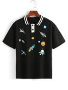 Shein Striped Collar Space Print Polo Shirt