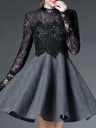 Shein Grey Round Neck Long Sleeve Lace Contrast Pu Dress
