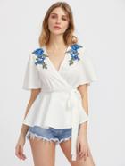 Shein Embroidered Flower Applique Wrap Peplum Top