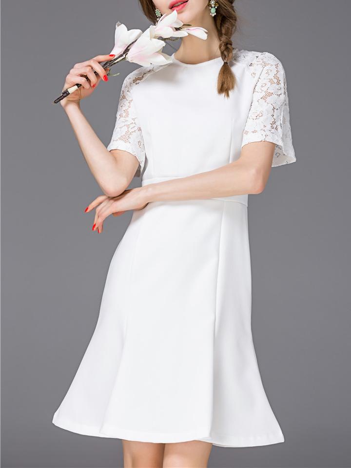 Shein White Contrast Lace Sleeve Flounce Dress