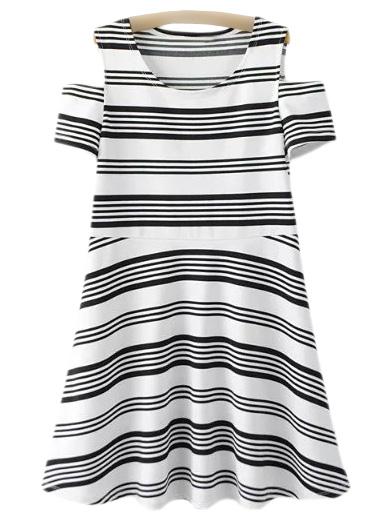 Shein Black White Stripe Short Sleeve Cold Shoulder Dress