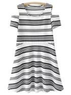 Shein Black White Stripe Short Sleeve Cold Shoulder Dress