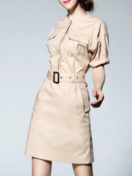 Shein Khaki Belted Pockets Shift Dress