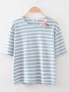 Shein Grey Round Neck Stripe Bow T-shirt