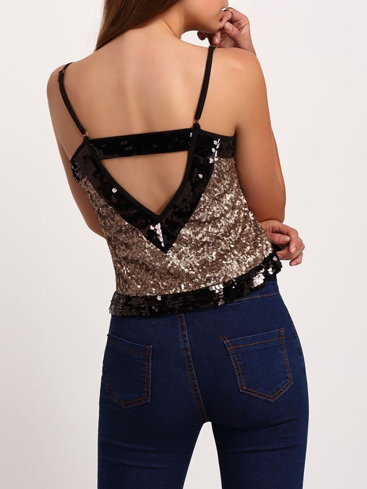 Shein Champagne Spaghetti Strap Sequined Cami Top