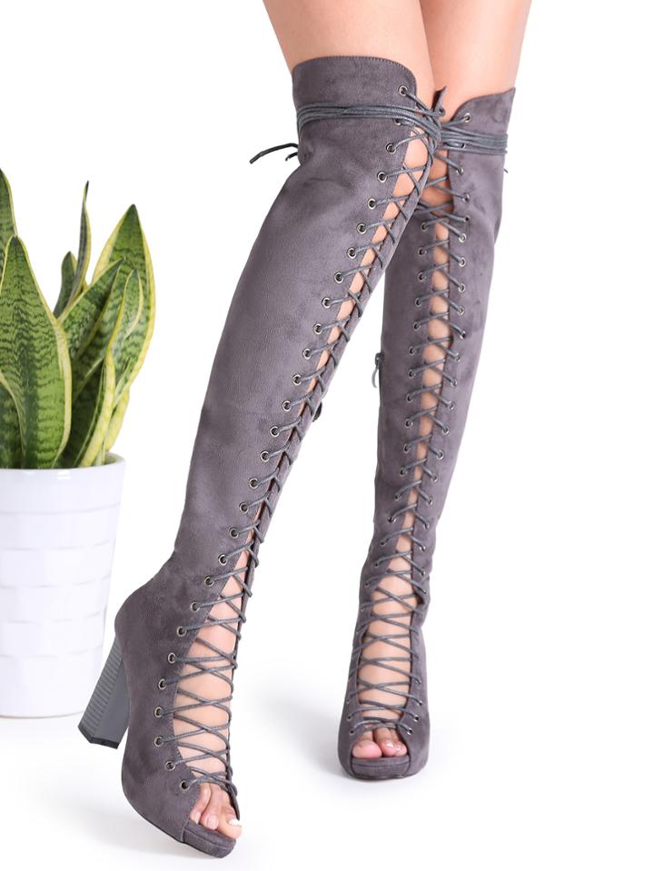 Shein Grey Suede Peep Toe Cross Strap Heeled Knee Boots