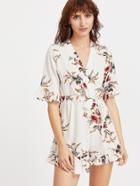 Shein White Florals V Neck Ruffle Trim Wrap Romper