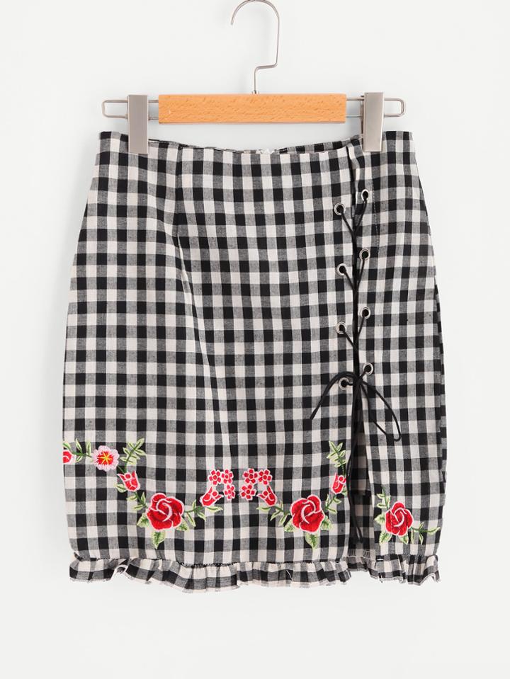 Shein Frilled Hem Embroidered Lace Up Slit Gingham Skirt