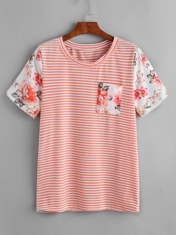 Shein Contrast Florals Sleeve Striped T-shirt