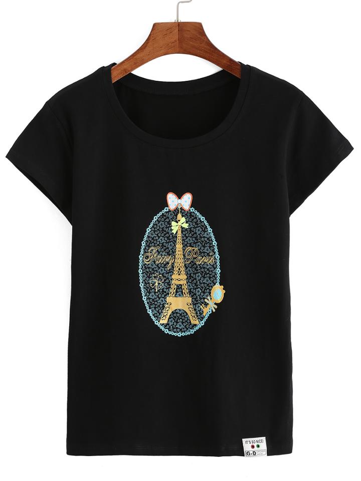 Shein Black Short Sleeve Eiffel Tower Print T-shirt