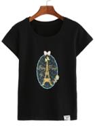 Shein Black Short Sleeve Eiffel Tower Print T-shirt