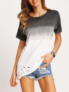 Shein Grey Ombre Short Sleeve Ripped T-shirt