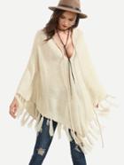 Shein Apricot Tie Neck Knotted Fringe Trim Poncho Sweater