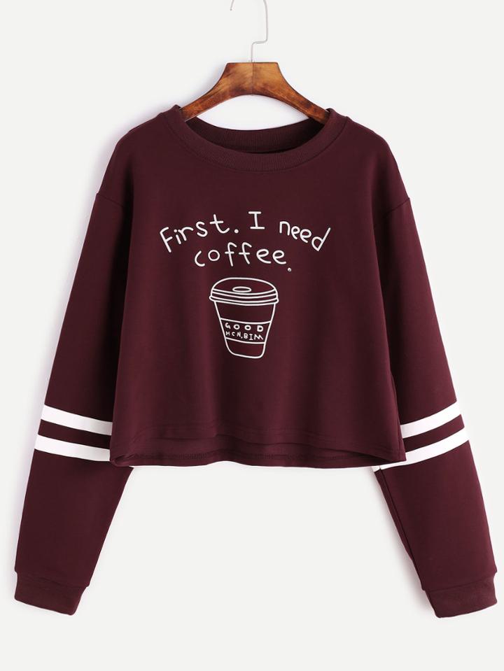 Shein Burgundy Printed Striped Trim Crop Sweatshirt