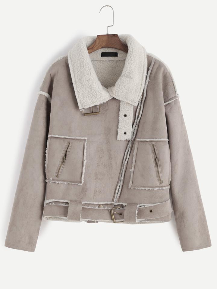 Shein Apricot Oblique Zipper Faux Shearling Lined Coat With Buckle