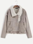 Shein Apricot Oblique Zipper Faux Shearling Lined Coat With Buckle