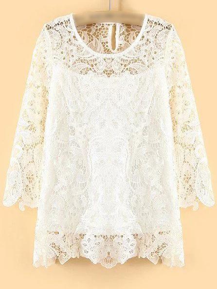 Shein White Keyhole Back Hollow Lace Blouse