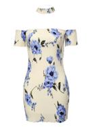 Shein Blue And White Off The Shoulder Floral Dress