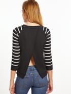 Shein Black And White Striped 3/4 Raglan Sleeve Split Back Sweatshirt