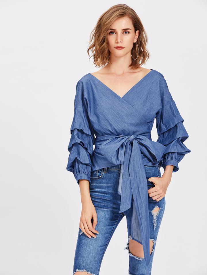 Shein Gathered Sleeve Surplice Wrap Chambray Top