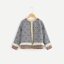 Shein Girls Fringe Detail Geo Jacquard Jacket