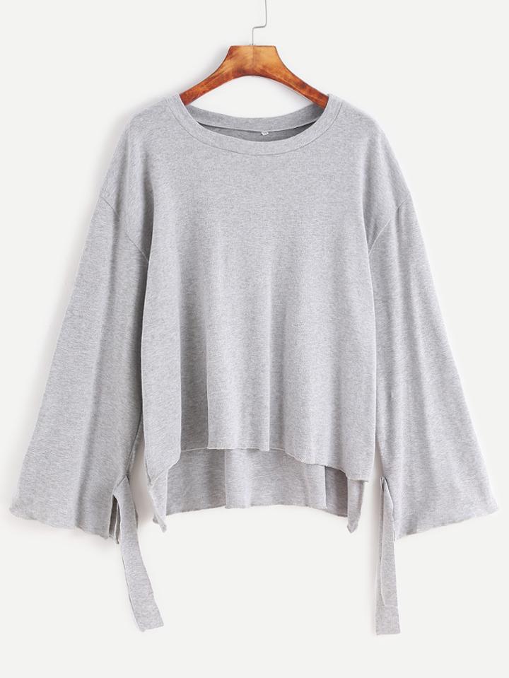 Shein Grey Drop Shoulder Tie Sleeve High Low T-shirt