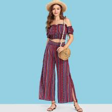 Shein Striped Frill Trim Crop Top & Flare Hem Pants Set