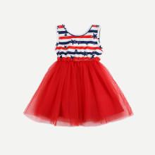 Shein Girls Star Print Striped Contrast Mesh Dress
