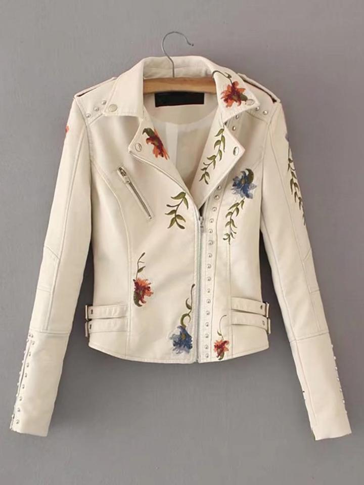 Shein Embroidered Double Buckle Biker Jacket