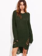 Shein Olive Green High Low Ripped Sweater Dress