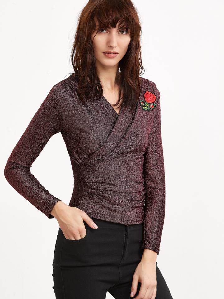 Shein Metallic V Neck Rose Embroidered Patch Wrap T-shirt