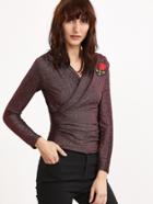 Shein Metallic V Neck Rose Embroidered Patch Wrap T-shirt