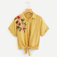 Shein Flower Embroidered Knot Hem Shirt