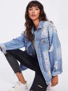 Shein Pearl Beaded Bleached Wash Distressed Jacket