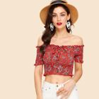 Shein Floral Print Shirred Lace Up Halter Crop Top