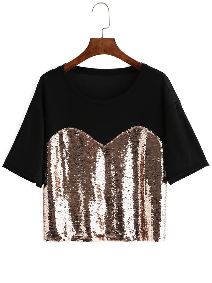 Shein Black Short Sleeve Sequined Crop T-shirt