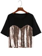Shein Black Short Sleeve Sequined Crop T-shirt
