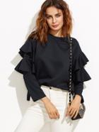 Shein Black Polka Dot Embossed Layered Ruffle Sleeve Blouse