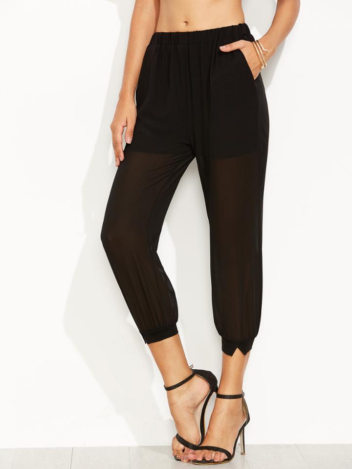 Shein Black Elastic Waist Mesh Chiffon Pants