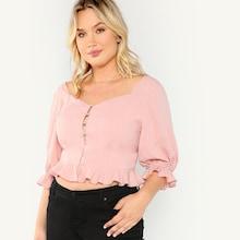 Shein Plus Button Up Front Ruffle Trim Blouse