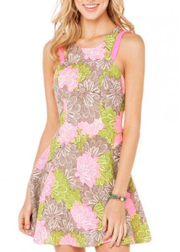 Rosewe Vintage Round Neck Strap Design Floral Mini Dress