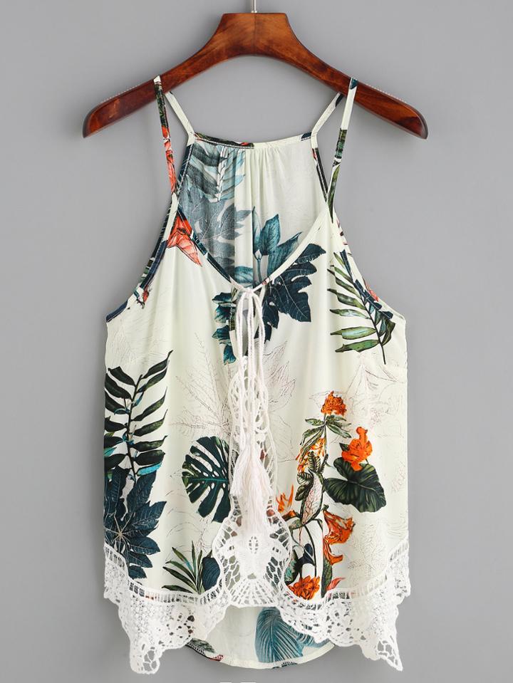 Shein Beige Tropical Print Crochet Insert Cami Top