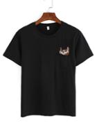 Shein Black Cat Embroidered Pocket T-shirt