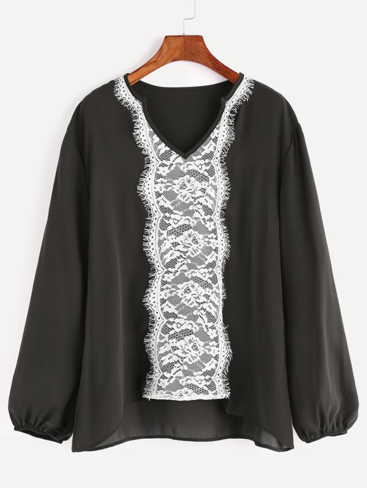 Shein Black V Neck Contrast Lace Trim High Low Blouse