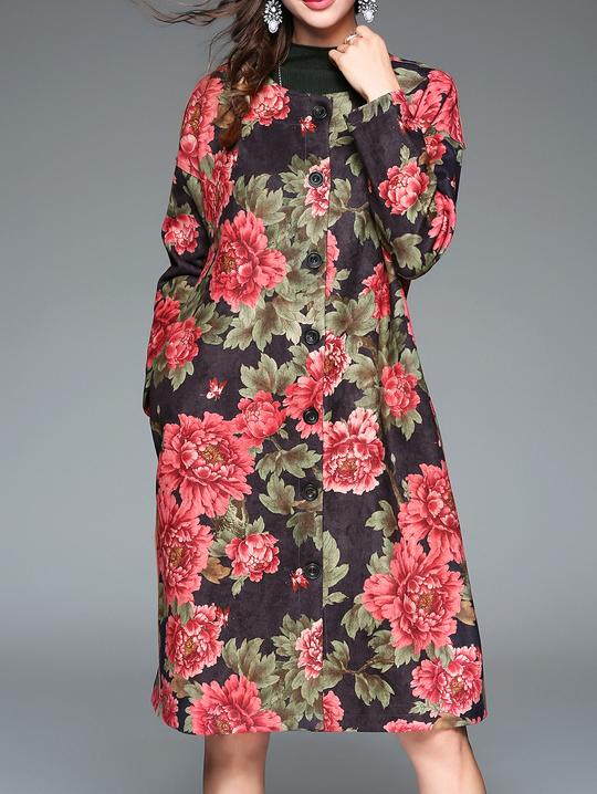 Shein Black Flowers Print Pockets Coat