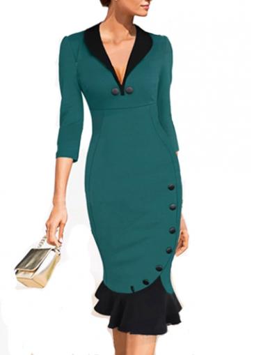 Rosewe V Neck Button Decorated Sheath Dress