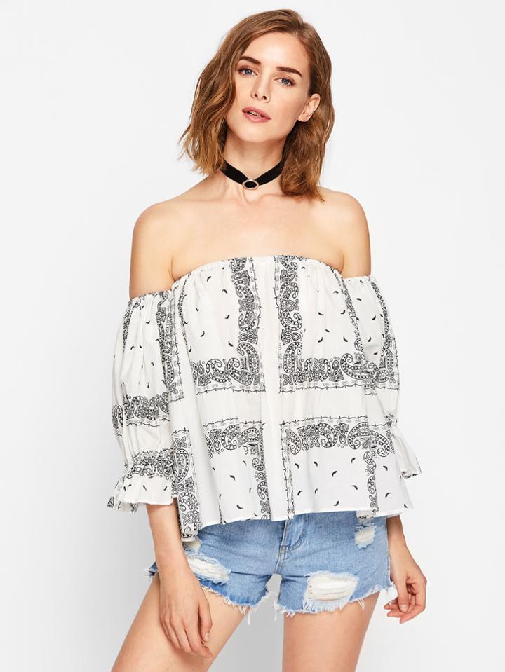 Shein Bardot Frill Cuff Paisley Print Top