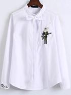 Shein White Rabbit Embroidery Corduroy Blouse With Bow Tie
