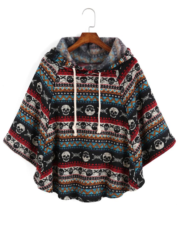 Shein Hooded Drawstring Skull Cool Print Cape Coat