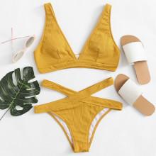 Shein Crisscross Solid Ribbed Knit Bikini Set